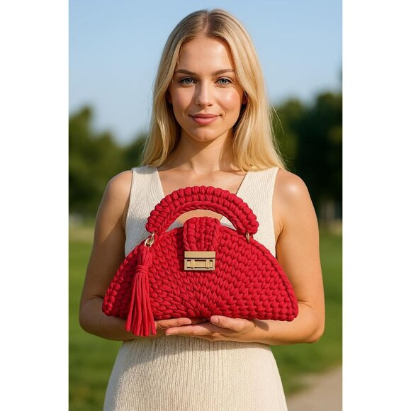 Women's Evening Clutch Handmade Crochet Small Formal Flap Red Crossbody Bag - Picture 2 of 6
